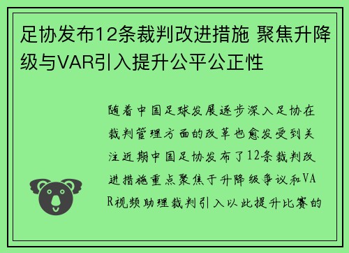 足协发布12条裁判改进措施 聚焦升降级与VAR引入提升公平公正性